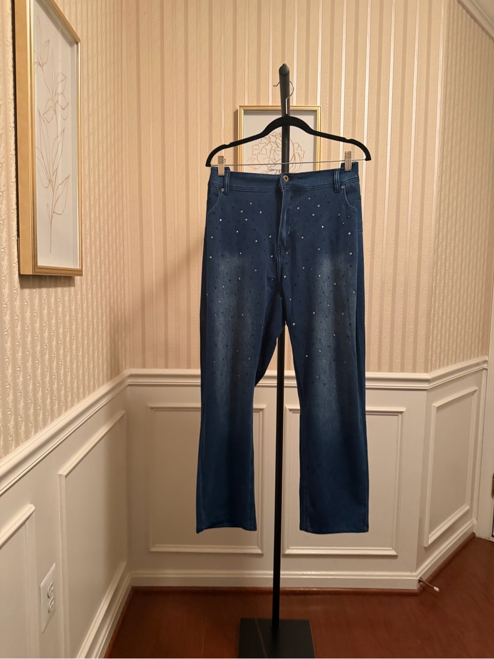 Ashley Stewart Dark Blue Straight Leg Jeans with Rhinestones